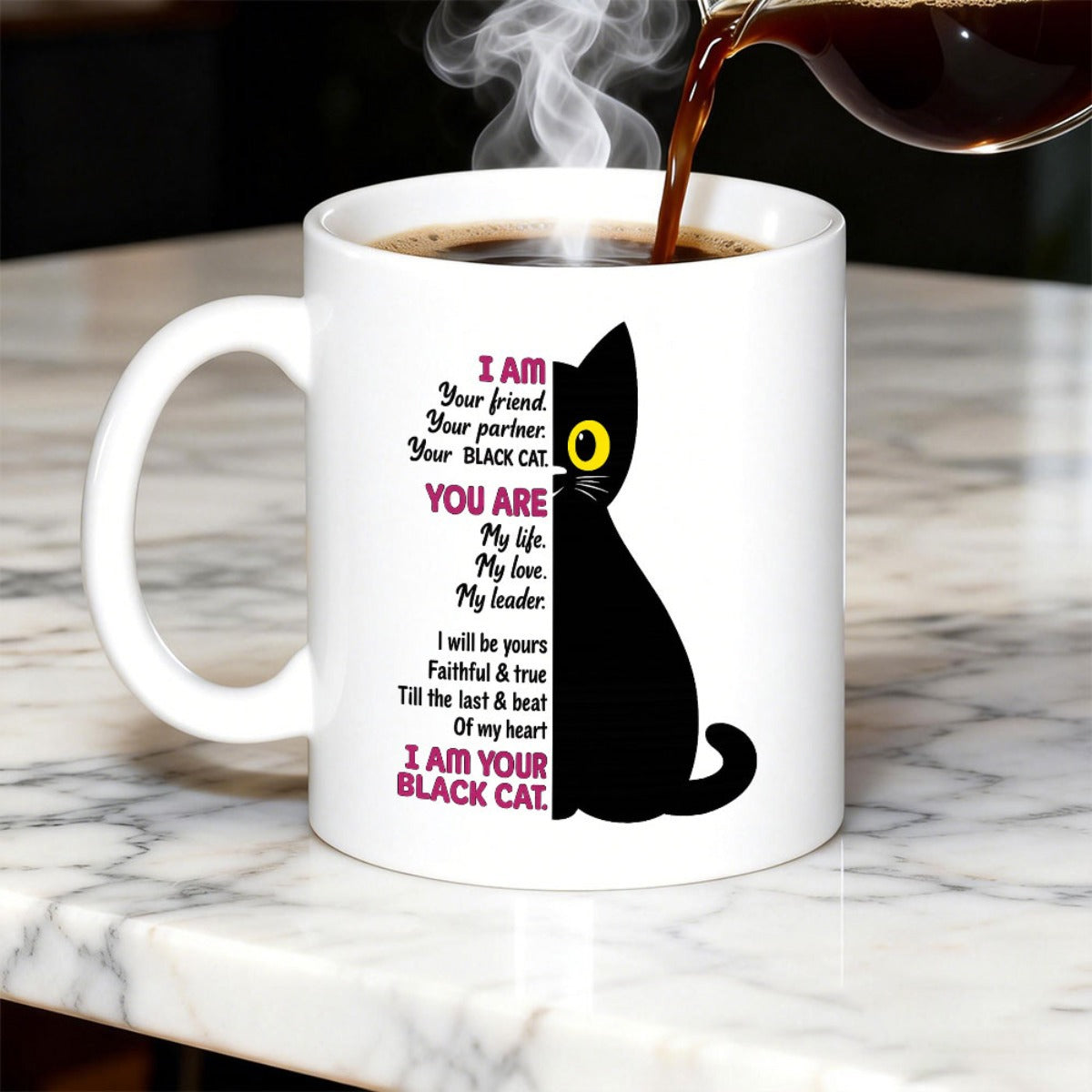 Tailorly White Ceramic 11 oz Mug - I Am Your Black Cat Graceful Minimalist Silhouette Sitting Quietly With A Single Glowing Yellow Eye Cat