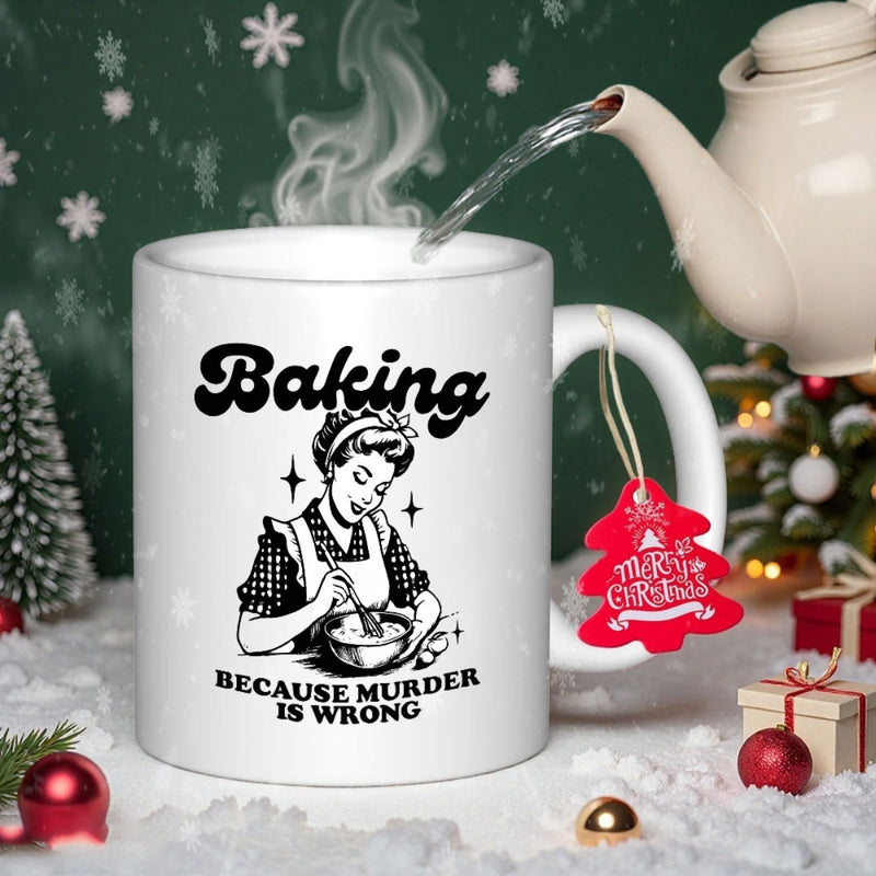 Tailorly White Ceramic 11 oz Mug - Baking Because Murder Is Wrong Merry Christmas Vintage Retro Woman Stirring Bowl Illustration Printed On Elegant