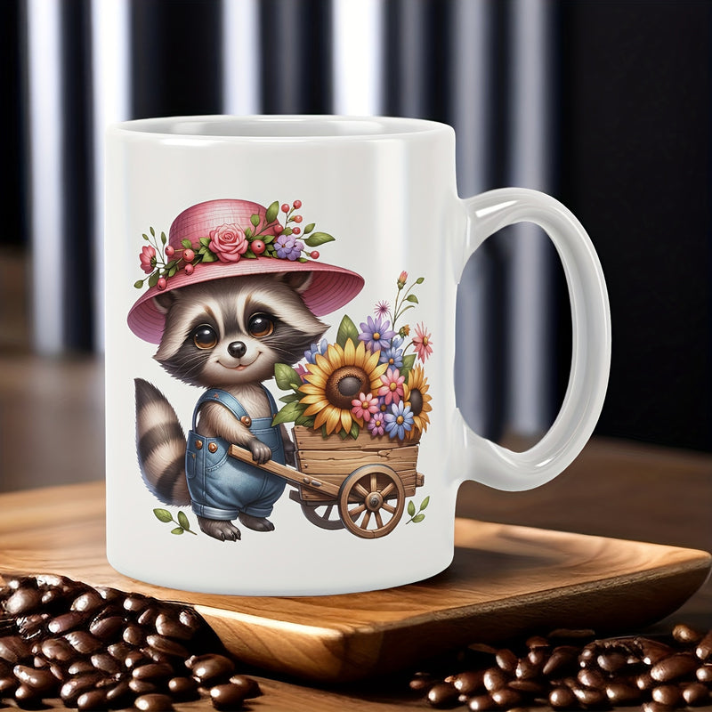 Tailorly White Ceramic 11 oz Mug - Cute Cartoon Raccoon Wearing Pink Hat Pushing Wooden Cart With Sunflowers Raccoon