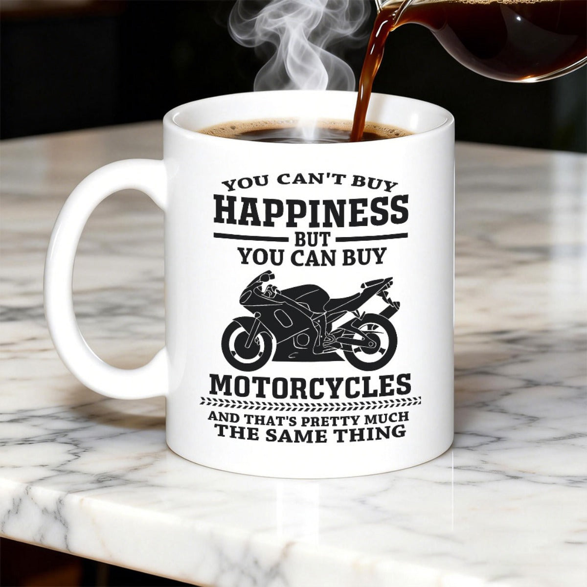 Tailorly White Ceramic 11 oz Mug - You Can't Buy Happiness But You Can Buy Motorcycles And That's Pretty Much The Same Thing Sleek Black Sportbike Silhouette Set