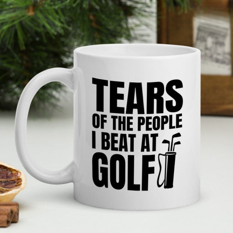 Tailorly White Ceramic 11 oz Mug - Tears Of The People I Beat At Golf Minimalist Black Silhouette Featuring A Classic Set Of Professional Clubs And Golf Bag