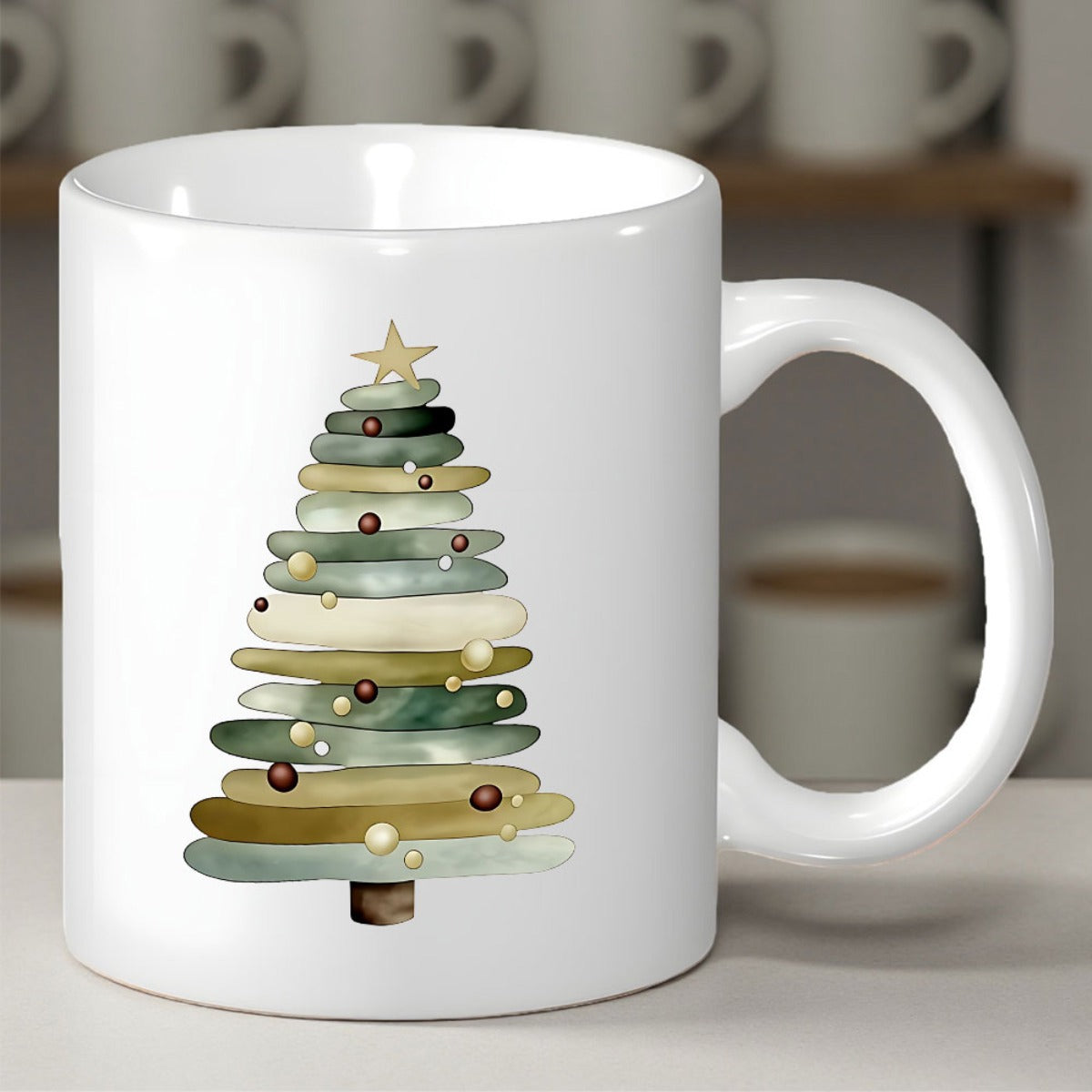 Tailorly White Ceramic 11 oz Mug - Watercolor Abstract Stones Stacked In Shape Of A Festive Holiday Tree