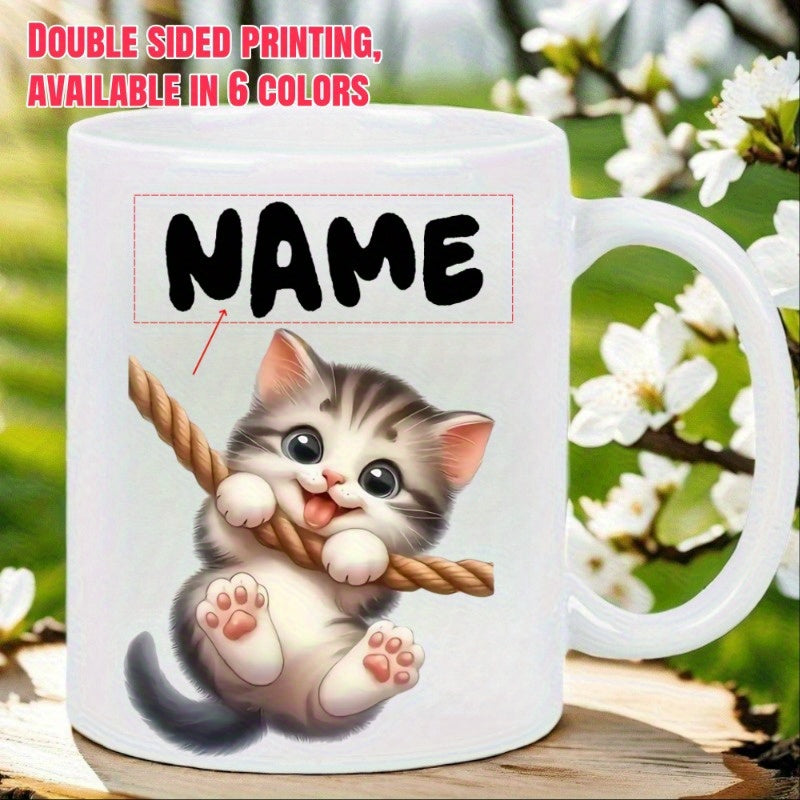 Tailorly White Ceramic 11 oz Mug - Name Adorable Little Grey Striped Cat Hanging On A Thick Rope Kitten