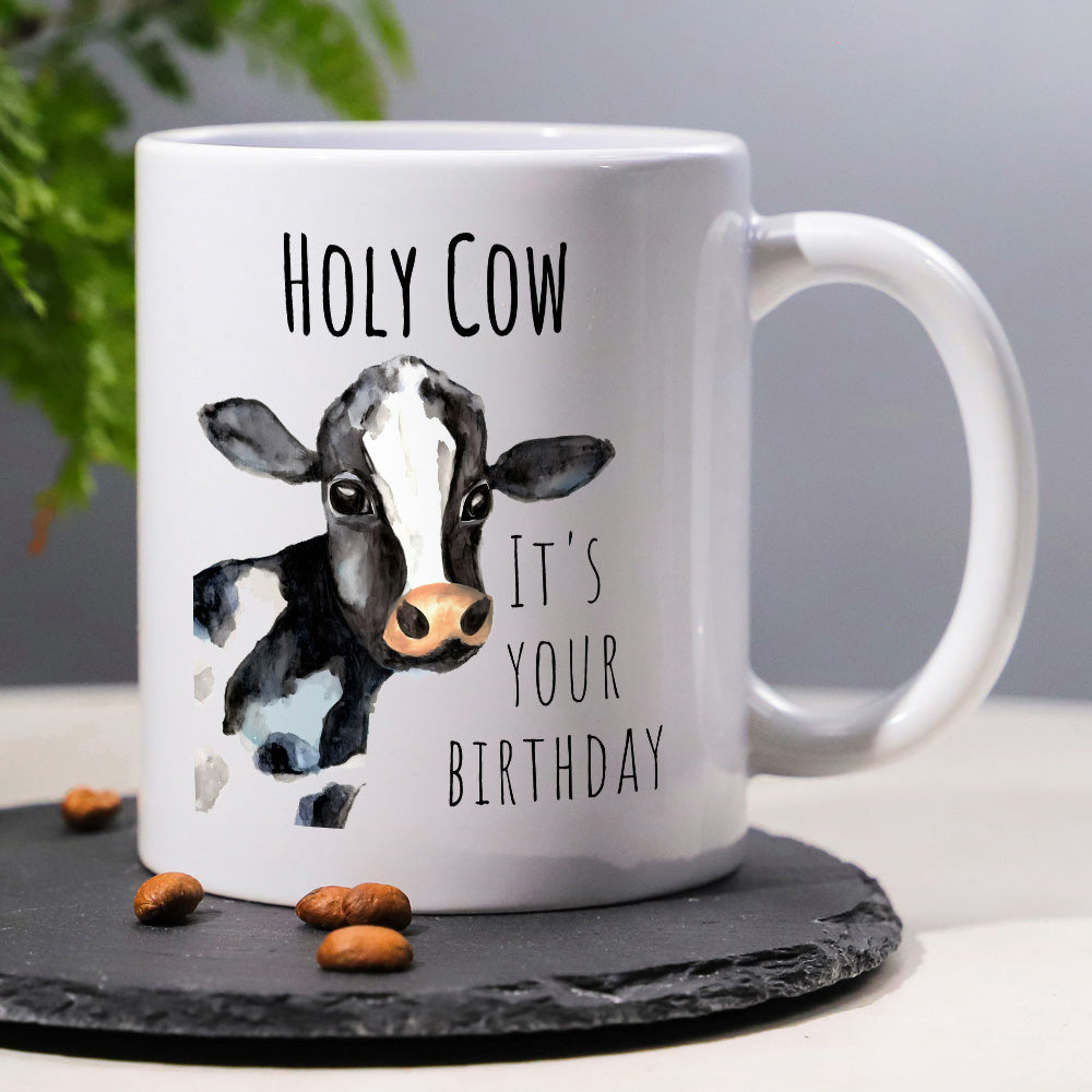 Tailorly White Ceramic 11 oz Mug - Holy Cow It S Your Birthday Watercolor Style Black And White Dairy Cattle Looking Curious And Cute Cow