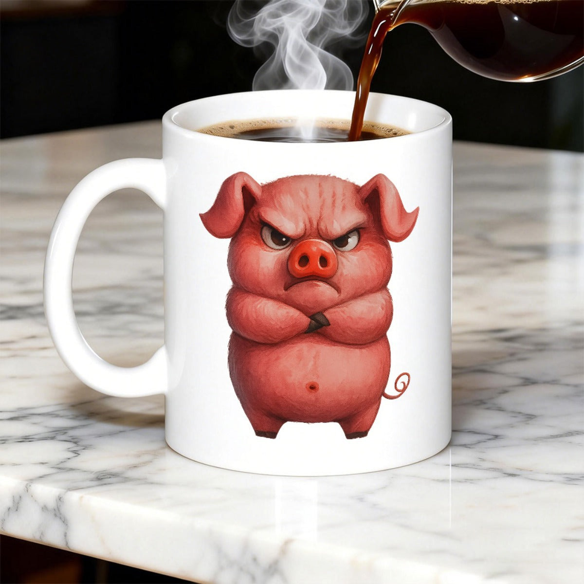 Tailorly White Ceramic 11 oz Mug - Grumpy Pink Animal With Arms Crossed Standing On White Background Pig