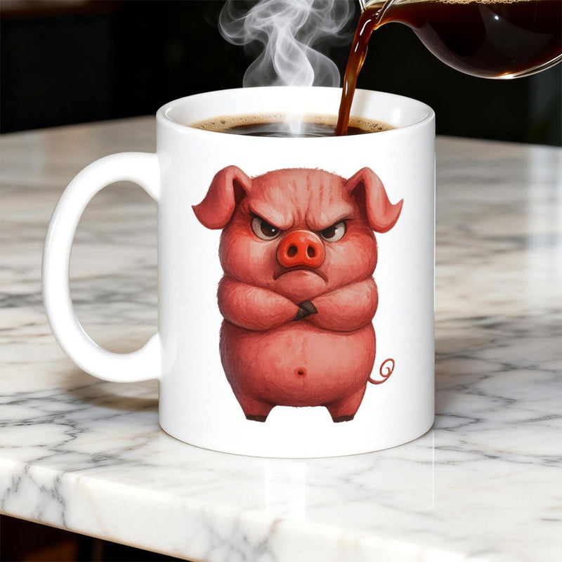 Tailorly White Ceramic 11 oz Mug - Grumpy Pink Animal With Arms Crossed Standing On White Background Pig