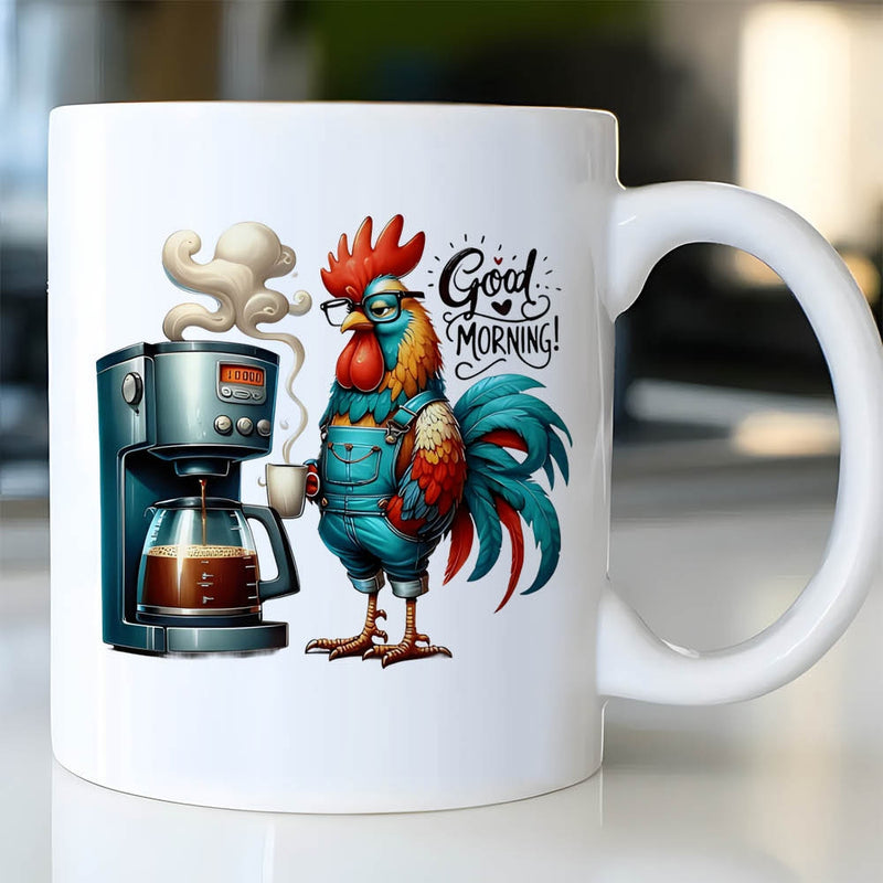 Tailorly White Ceramic 11 oz Mug - Good Morning Anthropomorphic Rooster Wearing Glasses Beside A Steaming Modern Coffee Maker Rooster