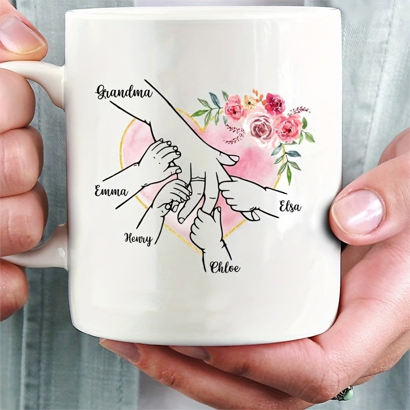 Tailorly White Ceramic 11 oz Mug - Grandma Emma Elsa Noah Chloe Minimalist Line Art Family Hands Over Pink Heart With Roses Pattern