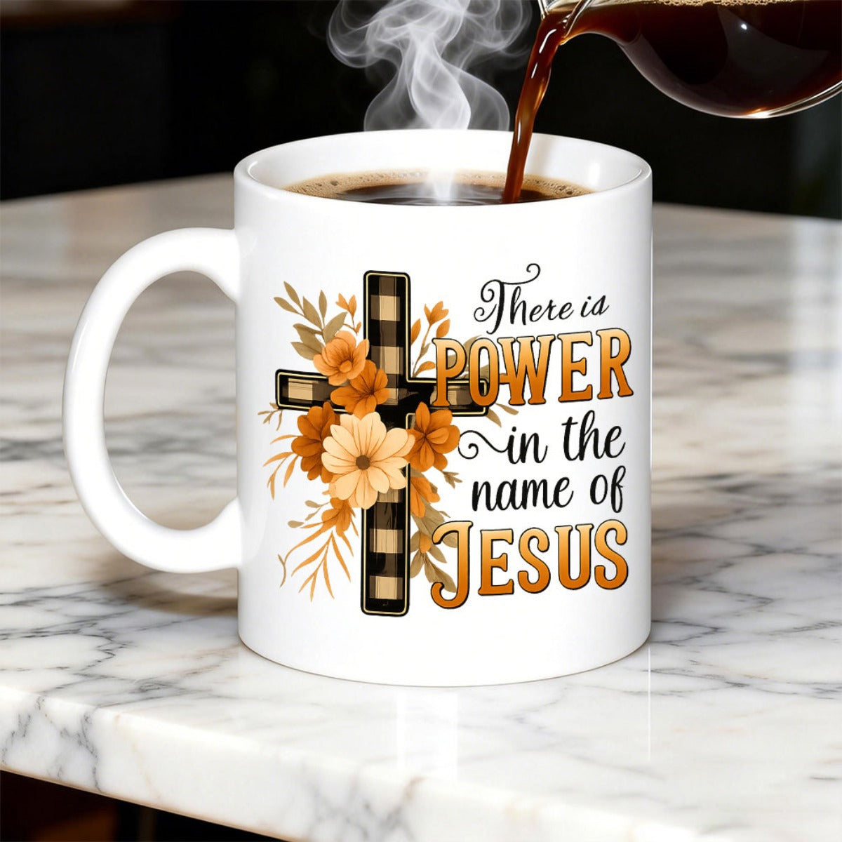 Tailorly White Ceramic 11 oz Mug - There Is Power In The Name Of Jesus Rustic Plaid Texture With Autumnal Blooming Flowers Around A Sacred Cross