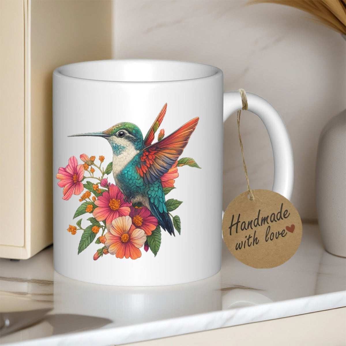 Tailorly White Ceramic 11 oz Mug - Vibrant Wings Spread Among Blooming Colorful Spring Garden Flowers Hummingbird