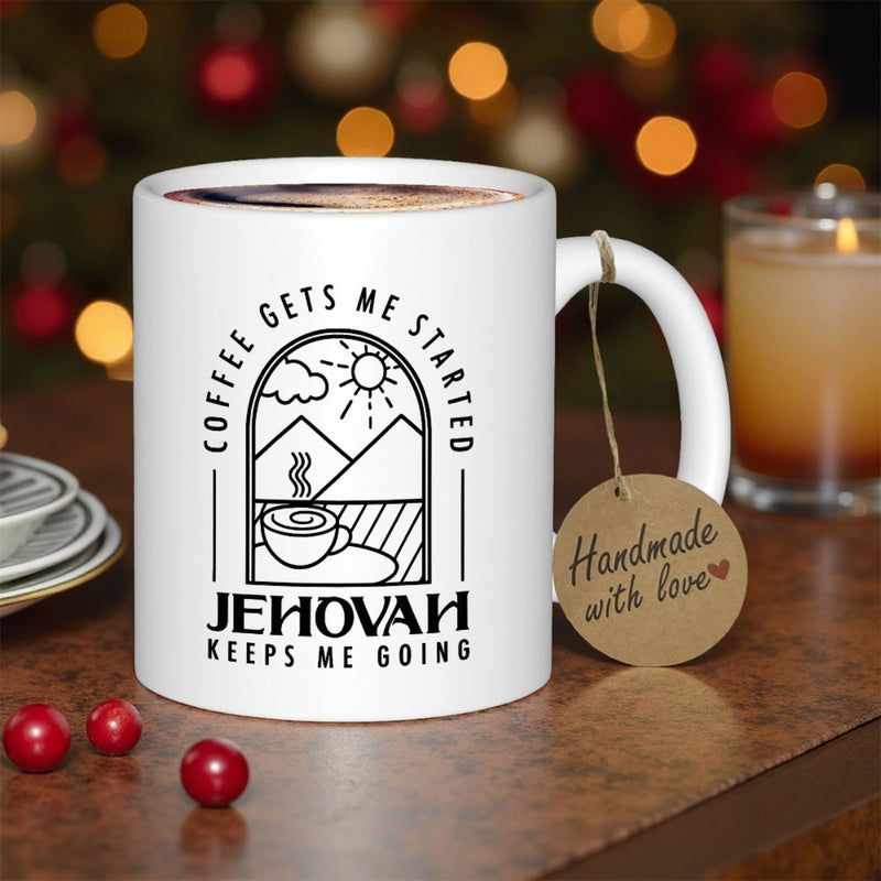 Tailorly White Ceramic 11 oz Mug - Coffee Gets Me Started Jehovah Keeps Me Going Minimalist Line Art Scenic Landscape With Rising Sun And Mountains Mug