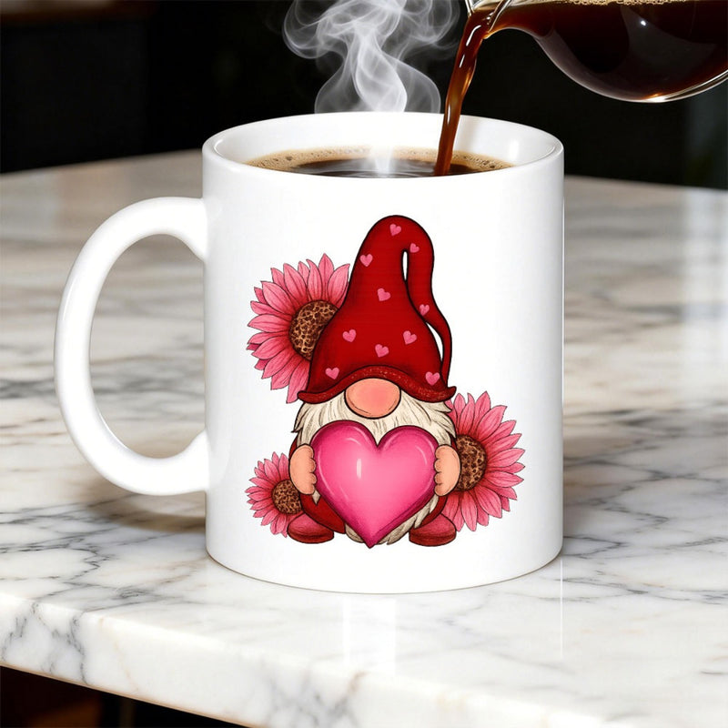 Tailorly White Ceramic 11 oz Mug - Cute Festive Valentine Character Holding Heart Surrounded By Blooming Pink Flowers Gnome