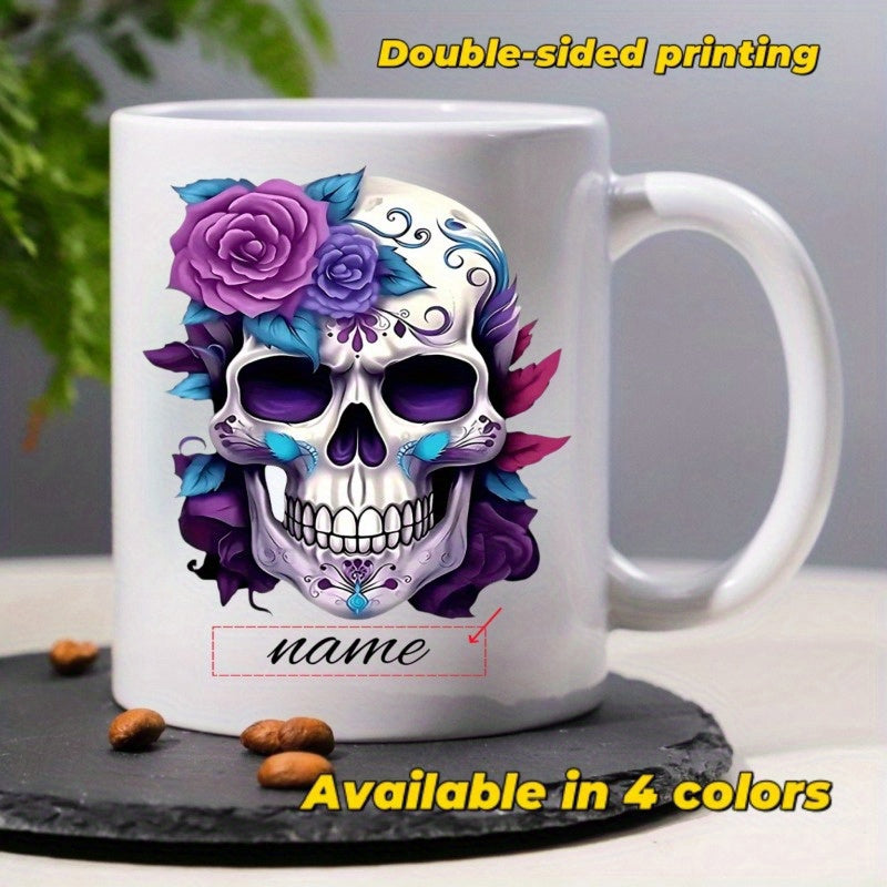 Tailorly White Ceramic 11 oz Mug - Name Ornate Sugar Skull With Purple Roses And Artistic Floral Patterns Skull