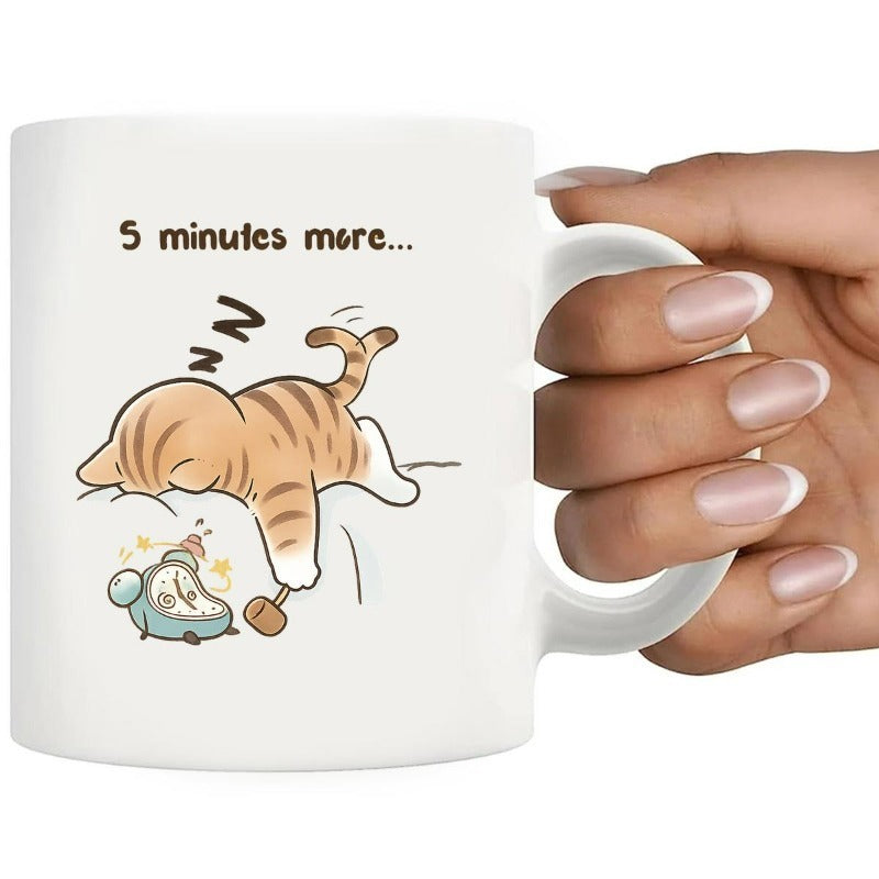 Tailorly White Ceramic 11 oz Mug - 5 Minutes More Adorable Ginger Tabby Resting On Soft Pillow Near Alarm Clock Cat