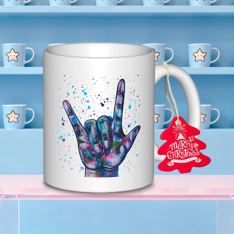 Tailorly White Ceramic 11 oz Mug - Merry Christmas Vibrant Splatter Watercolor Artistic Gesture Representing Peace Love Hand