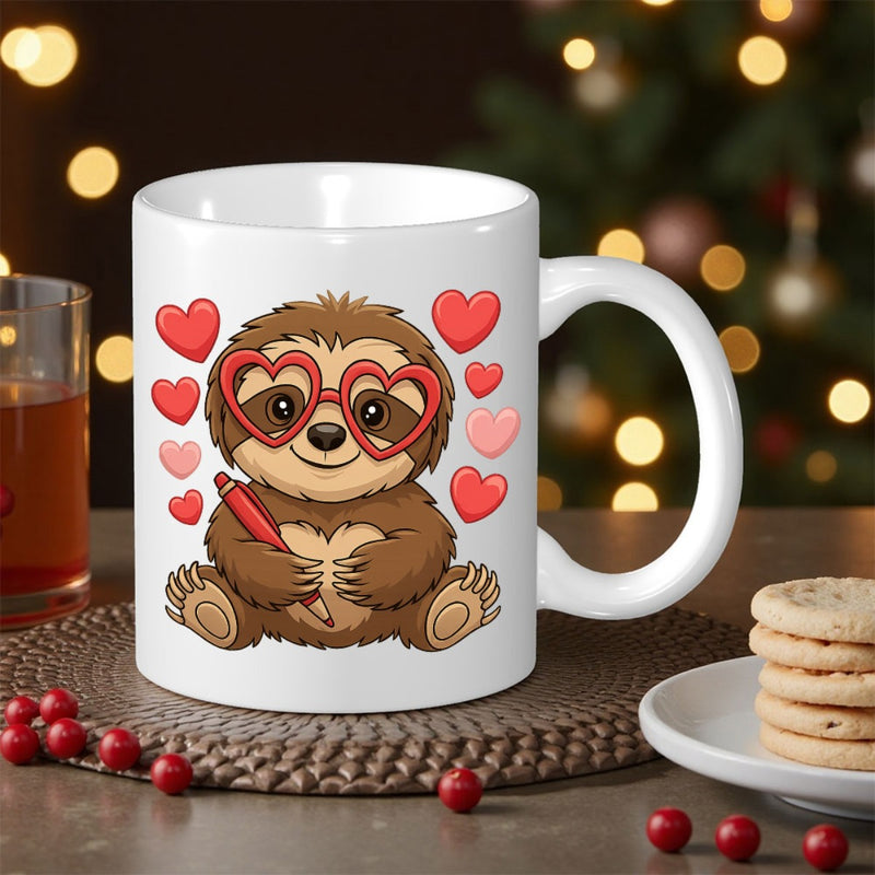 Tailorly White Ceramic 11 oz Mug - Adorable Brown Cartoon Character Wearing Red Heart Shaped Glasses Among Floating Hearts Sloth