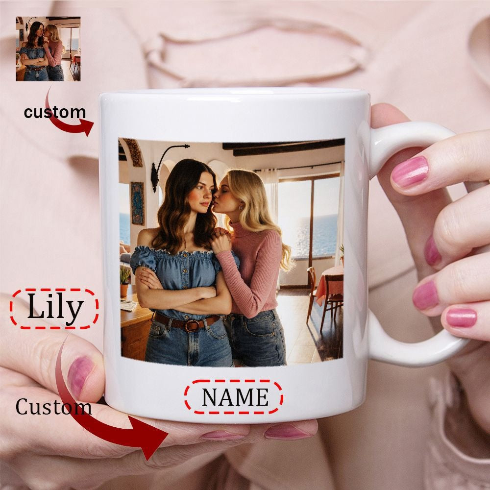 Tailorly White Ceramic 11 oz Mug - Lily Name Custom Two Loving Friends Embracing Gently While Sharing A Moment Indoors Mug
