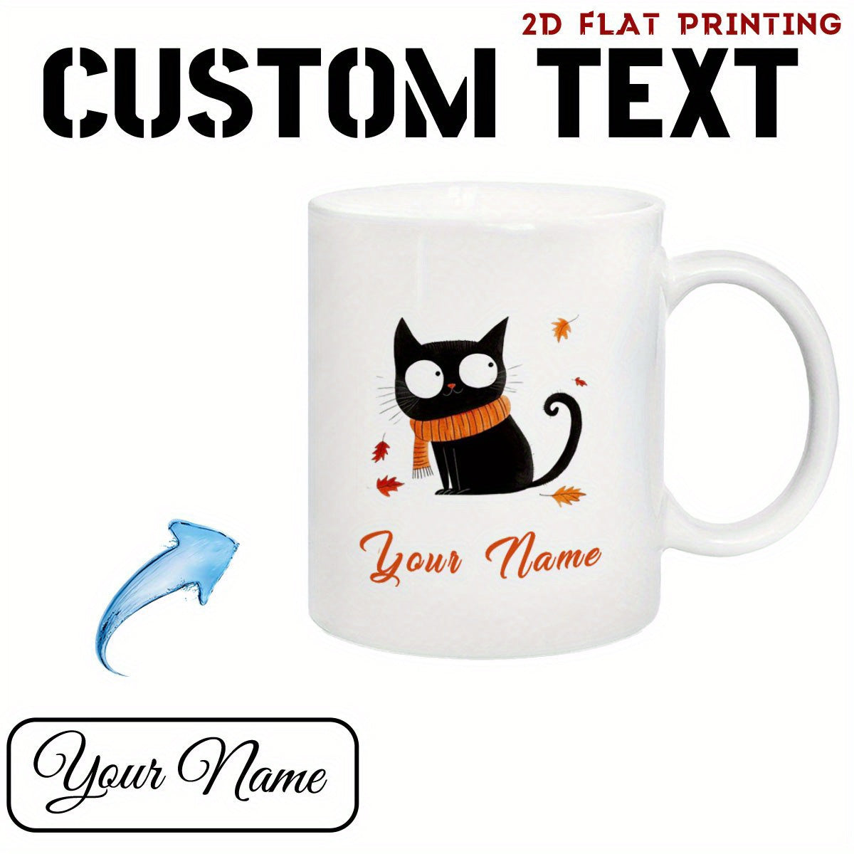 Tailorly White Ceramic 11 oz Mug - Your Name Adorable Black Cartoon Cat Wearing Orange Scarf Amidst Falling Autumn Leaves Cat