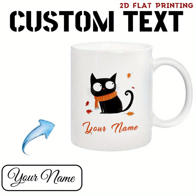 Tailorly White Ceramic 11 oz Mug - Your Name Adorable Black Cartoon Cat Wearing Orange Scarf Amidst Falling Autumn Leaves Cat