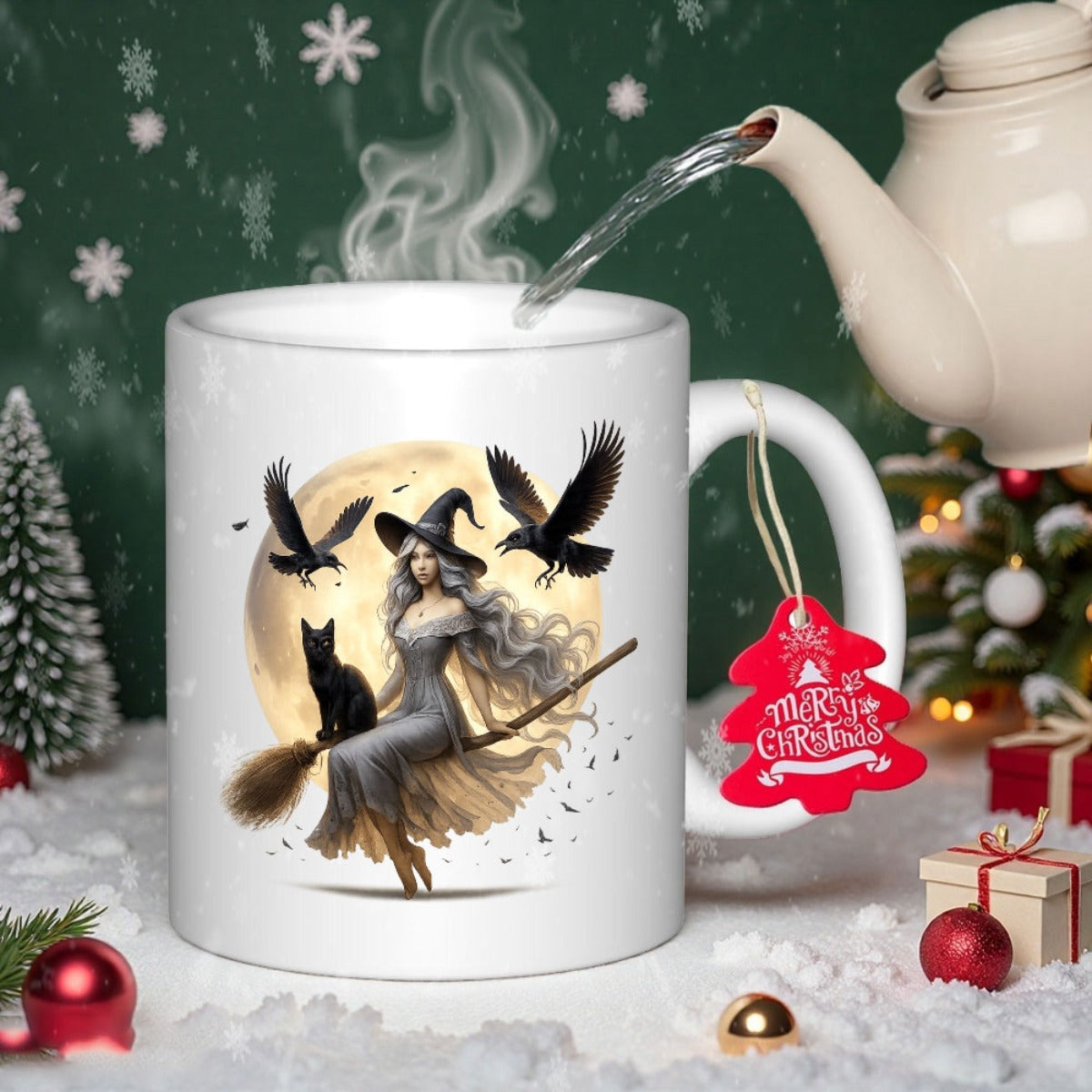 Tailorly White Ceramic 11 oz Mug - Merry Christmas Mystic Figure Riding A Broomstick Among Flying Ravens Under Glowing Moon Witch