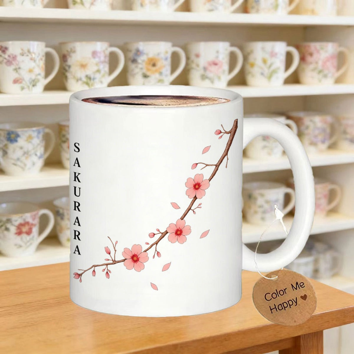 Tailorly White Ceramic 11 oz Mug - Sakurara Delicate Pink Cherry Blossoms Blooming On A Slender Brown Branch Sakura