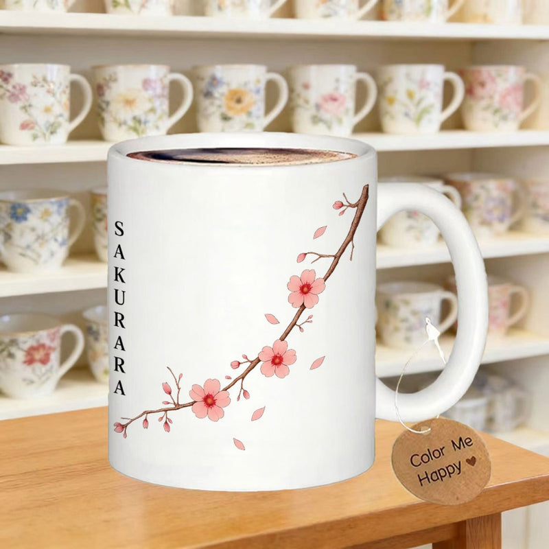 Tailorly White Ceramic 11 oz Mug - Sakurara Delicate Pink Cherry Blossoms Blooming On A Slender Brown Branch Sakura
