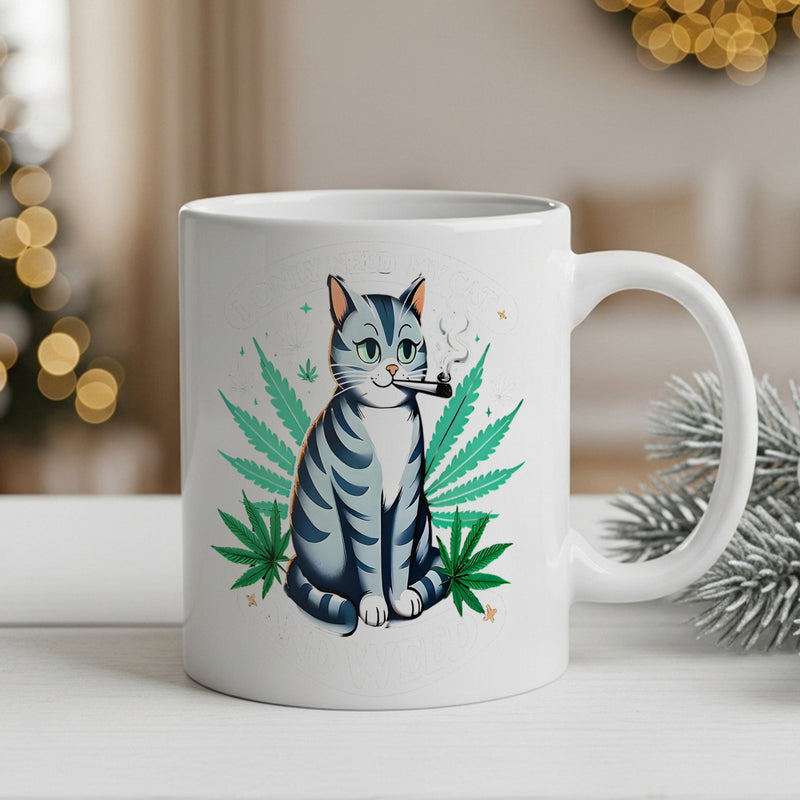 Tailorly White Ceramic 11 oz Mug - Cool Striped Cat Sitting Comfortably Among Lush Green Herbal Leaves Cat