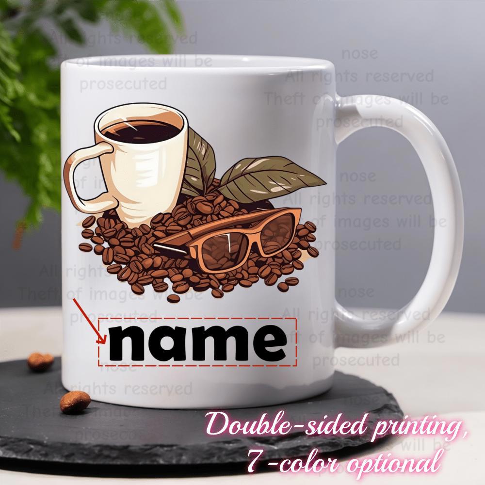 Tailorly White Ceramic 11 oz Mug - Name Cartoon Style Illustration With Roasted Coffee Beans And Brown Sunglasses Mug