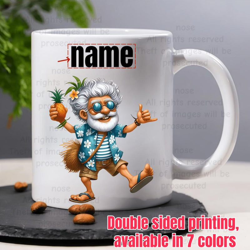 Tailorly White Ceramic 11 oz Mug - Name Happy Tropical Summer Grandpa Wearing Floral Shirt Holding Pineapple Man