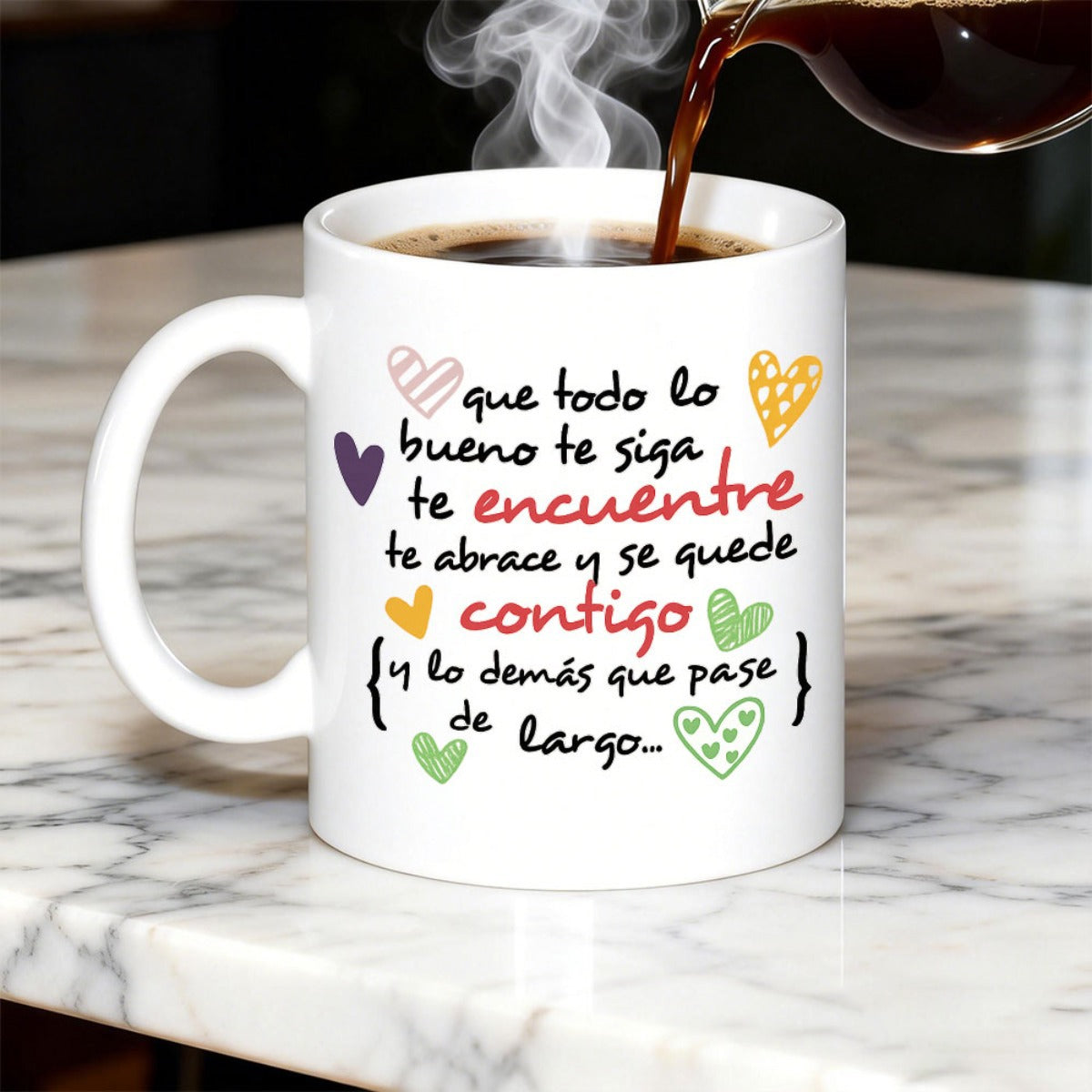 Tailorly White Ceramic 11 oz Mug - Vibrant Hand Painted Artistic Shapes Dancing Around Sweet Inspirational Sentiment Hearts