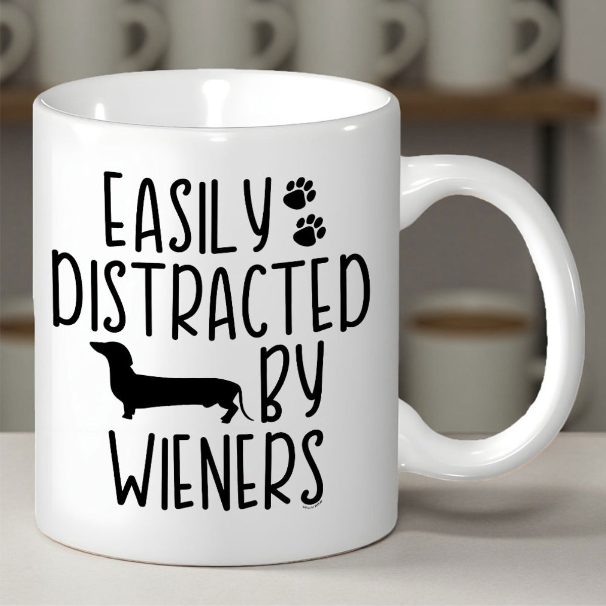 Tailorly White Ceramic 11 oz Mug - Easily Distracted By Wieners Minimalist Black Dog Silhouette Accompanied By Small Paw Prints Dachshund