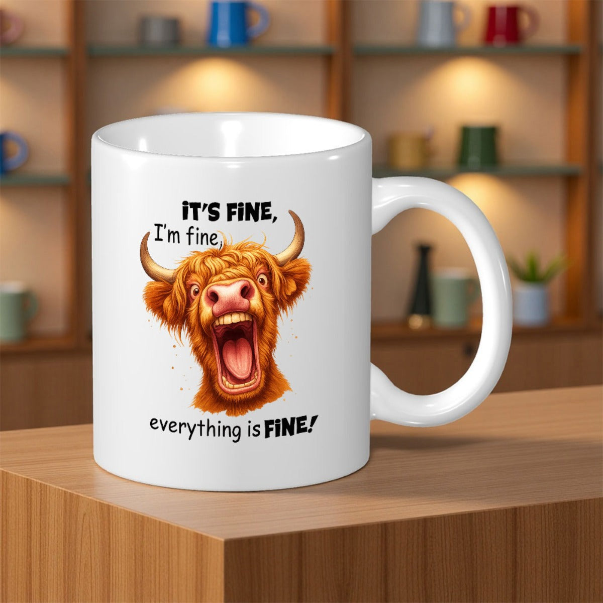 Tailorly White Ceramic 11 oz Mug - Its Fine Im Fine Everything Is Fine Screaming Ginger Highland Cow With Long Horns And Open Mouth Cow