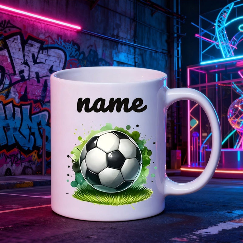 Tailorly White Ceramic 11 oz Mug - Name Vibrant Green Grass With Artistic Watercolor Splashes Behind A Realistic Soccer Ball