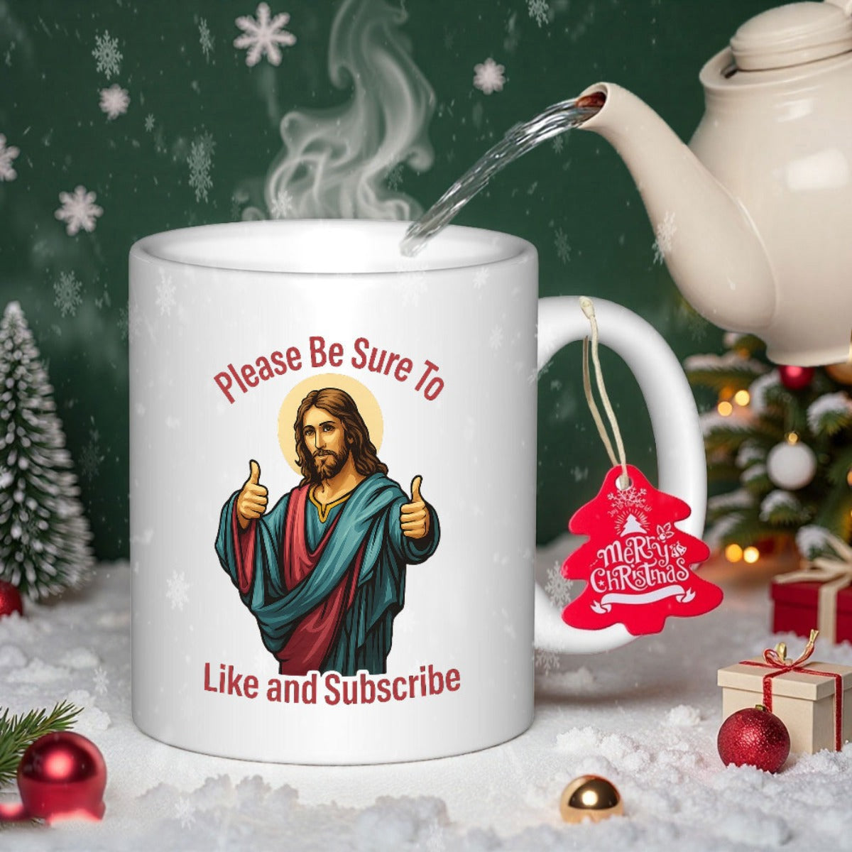 Tailorly White Ceramic 11 oz Mug - Please Be Sure To Like And Subscribe Peaceful Religious Figure In Traditional Robes Giving A Positive Thumbs Up Jesus