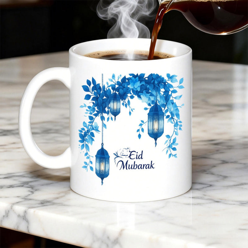 Tailorly White Ceramic 11 oz Mug - Eid Mubarak Watercolor Blue Floral Wreath With Hanging Traditional Glowing Lanterns Among Leaves Lantern