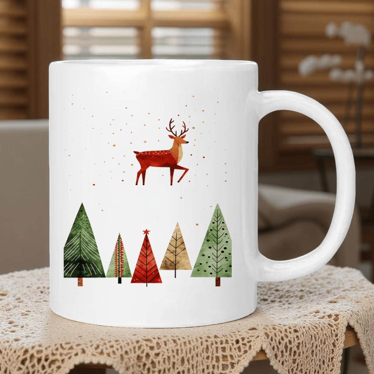 Tailorly White Ceramic 11 oz Mug - Elegant Red Reindeer Over Stylized Watercolor Forest Trees Under Sparkling Snow Deer