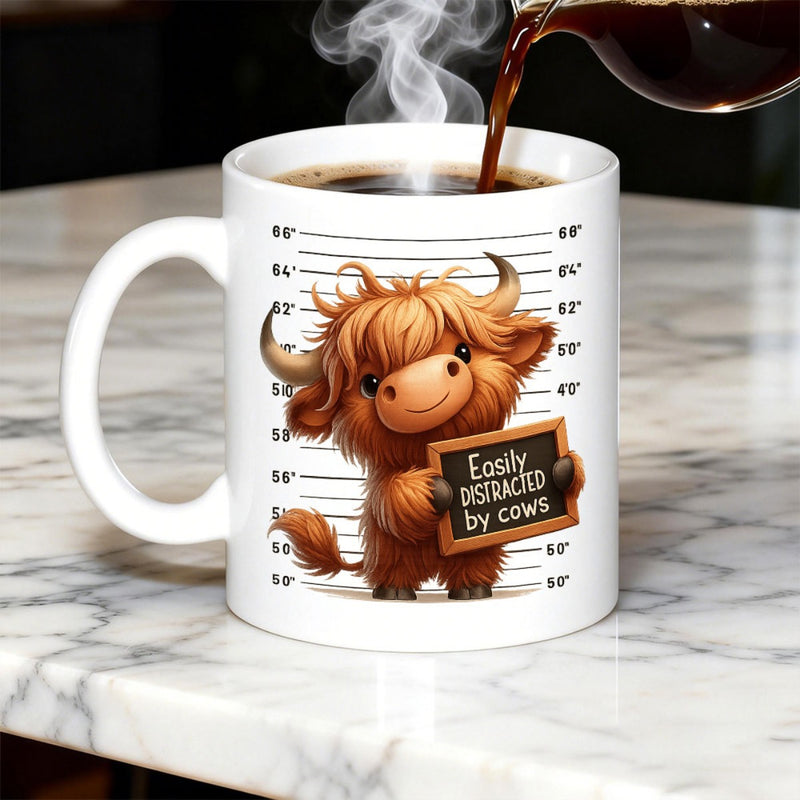 Tailorly White Ceramic 11 oz Mug - Easily Distracted By Cows Fluffy Animal Posing Before Police Lineup Height Chart Highland Cow