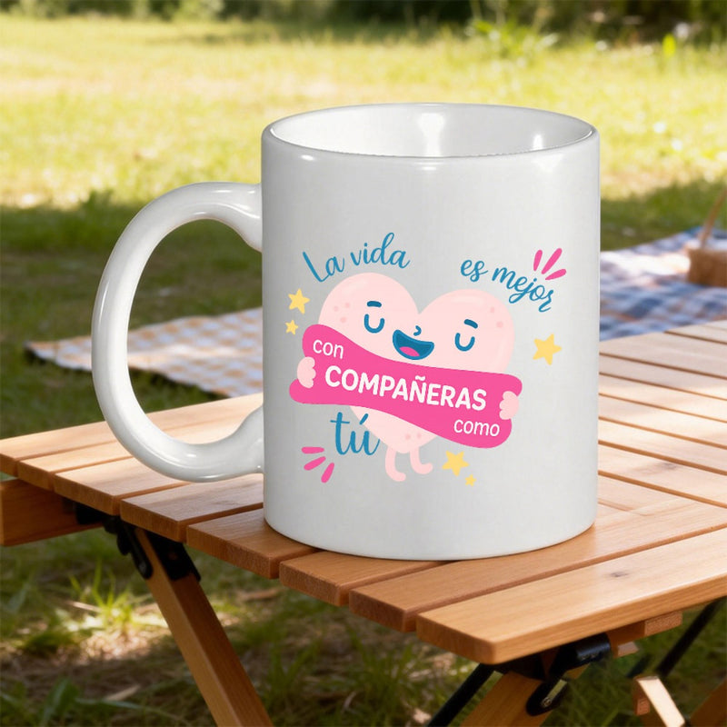 Tailorly White Ceramic 11 oz Mug - Smiling Cute Pink Character Holding A Banner Surrounded By Little Stars Heart