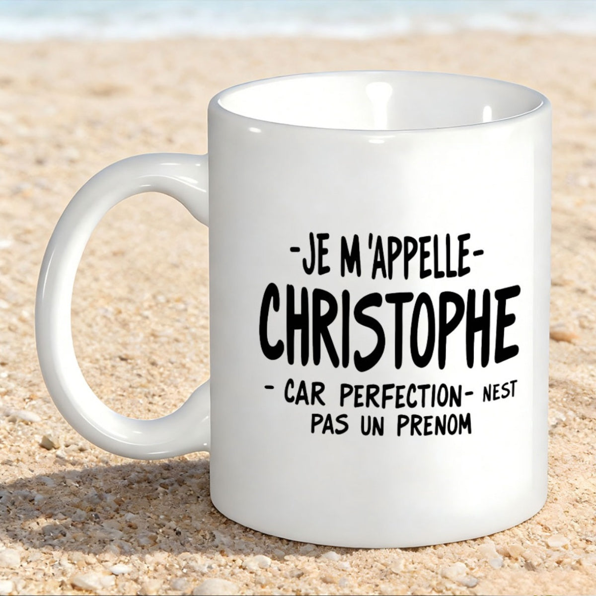 Tailorly White Ceramic 11 oz Mug - White Ceramic Vessel On Sand With Bold Black Text Typography Mug