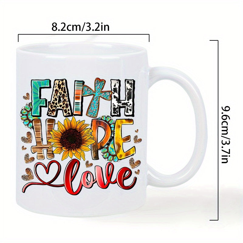 Tailorly White Ceramic 11 oz Mug - Faith Hope Love Western Themed Textures Featuring Leopard Print And A Rustic Cross Sunflower