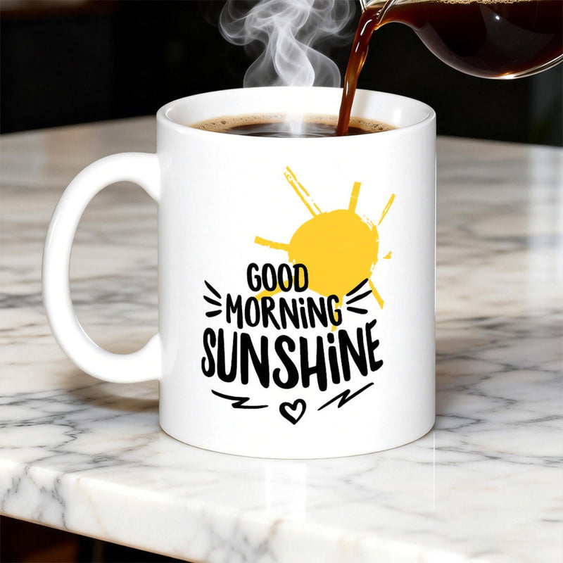 Tailorly White Ceramic 11 oz Mug - Good Morning Sunshine Radiant Yellow Sun Glowing With Decorative Handlettered Positive Morning Text Sun