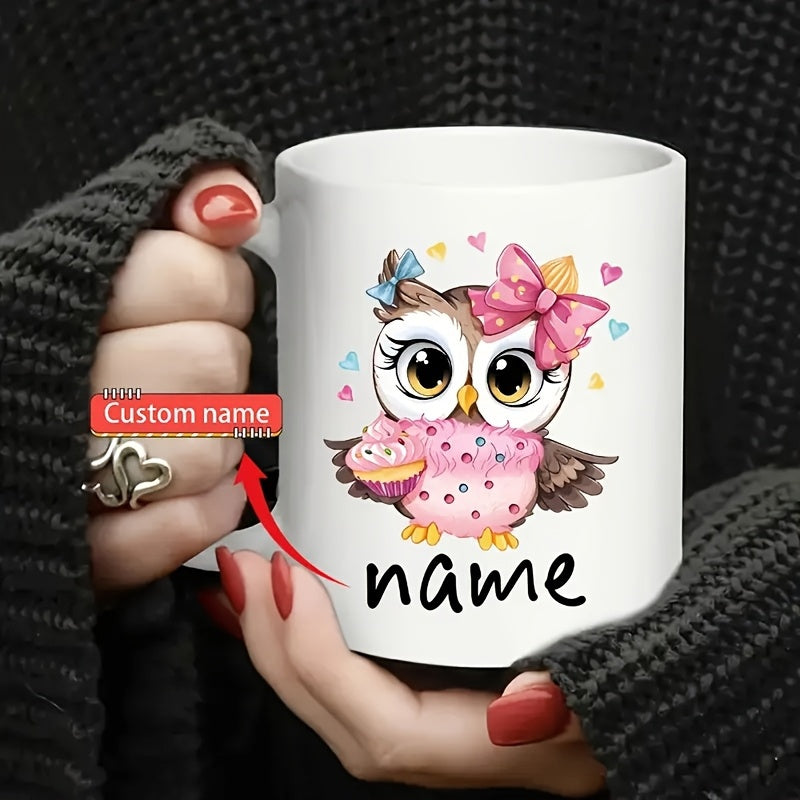 Tailorly White Ceramic 11 oz Mug - Name Adorable Little Bird Wearing Colorful Bows Holding A Cupcake Owl