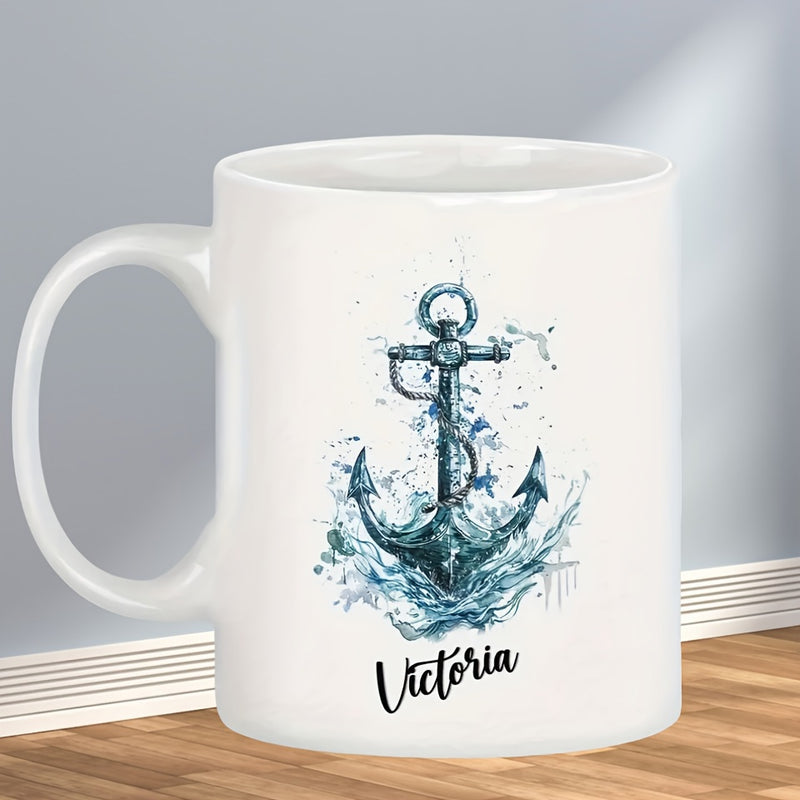 Tailorly White Ceramic 11 oz Mug - Victoria Nautical Watercolor Theme With Rope And Splashing Ocean Waves Anchor