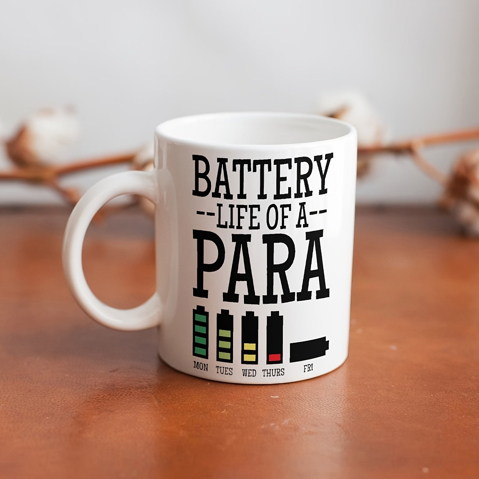 Tailorly White Ceramic 11 oz Mug - Battery Life Of A Para Depicting Declining Energy Levels Throughout The Work Week Shown With Battery