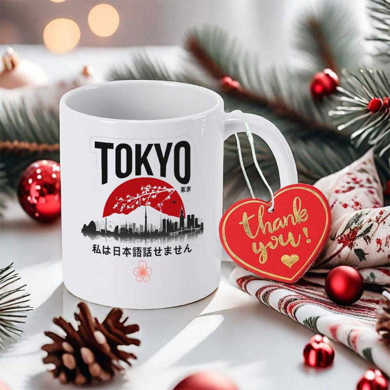 Tailorly White Ceramic 11 oz Mug - Tokyo Red Rising Sun Behind Mount Fuji With City Skyline And Blossom Mug