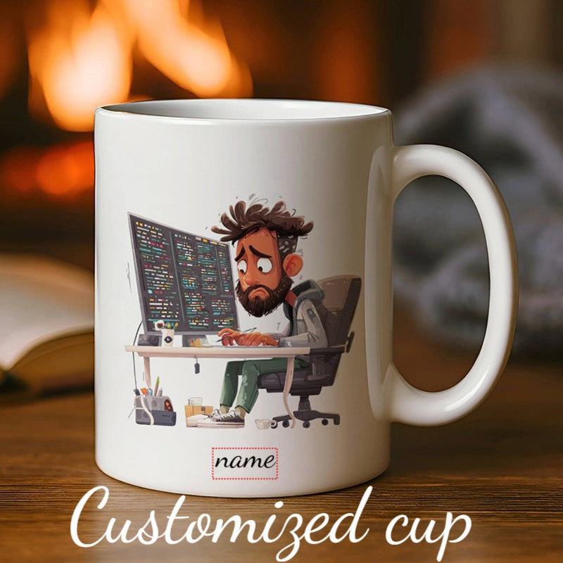 Tailorly White Ceramic 11 oz Mug - Customized Cup Name Tired Professional Character Sitting At Desk With Multiple Digital Data Monitors Programmer