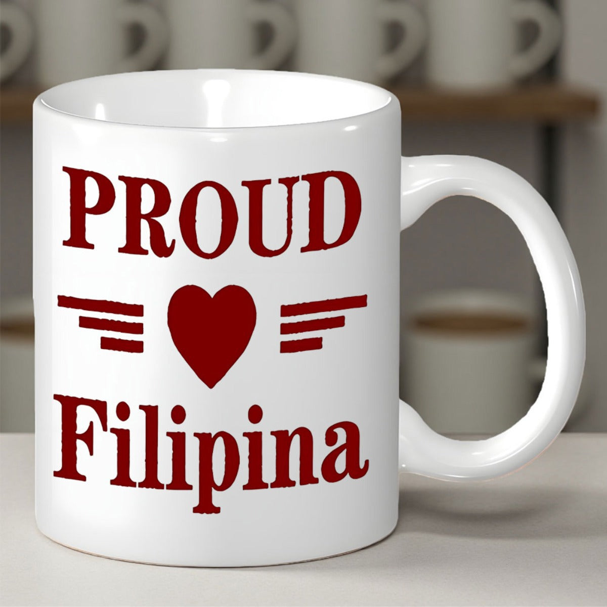 Tailorly White Ceramic 11 oz Mug - Proud Filipina Minimalist Red Icon Surrounded By Horizontal Linear Design Element Heart