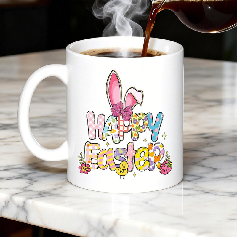 Tailorly White Ceramic 11 oz Mug - Happy Easter Colorful Patterned Bubble Letters Featuring Pink Bow And Tiny Yellow Chick Bunny