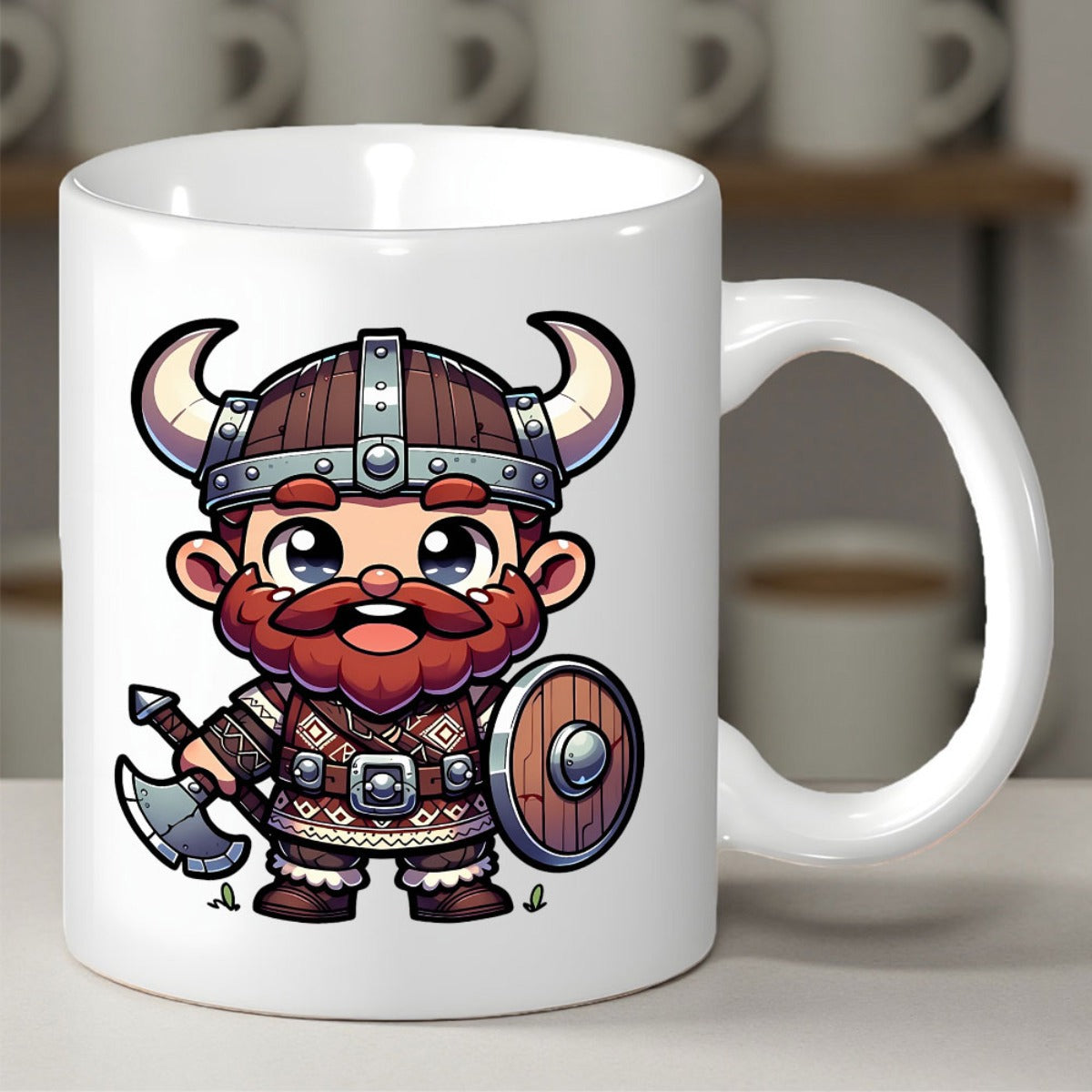 Tailorly White Ceramic 11 oz Mug - Brave Cartoon Character With Red Beard Holding Axe And Round Shield Viking