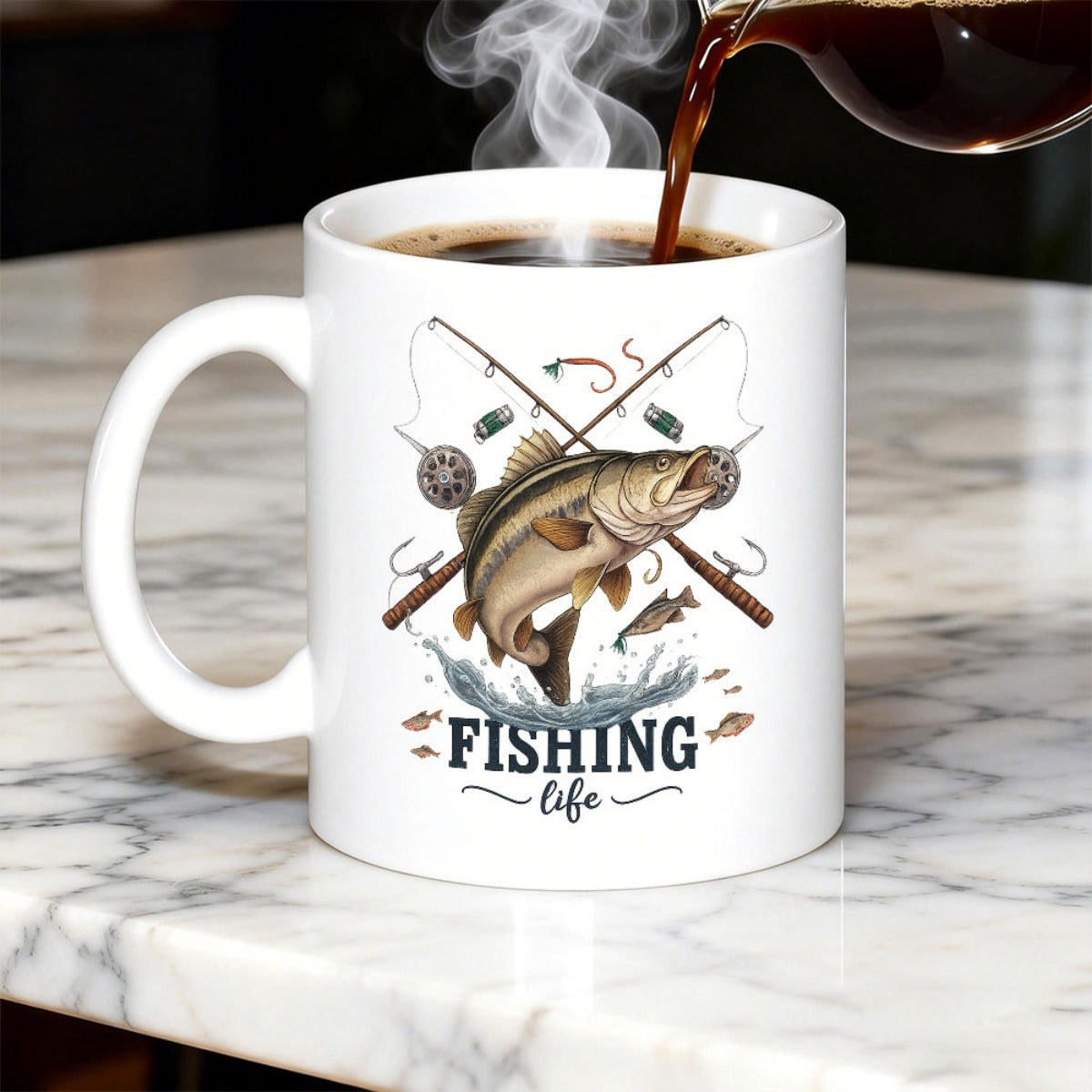 Tailorly White Ceramic 11 oz Mug - Fishing Life Majestic Walleye Jumping Among Crossed Rods And Splashing Water Fish